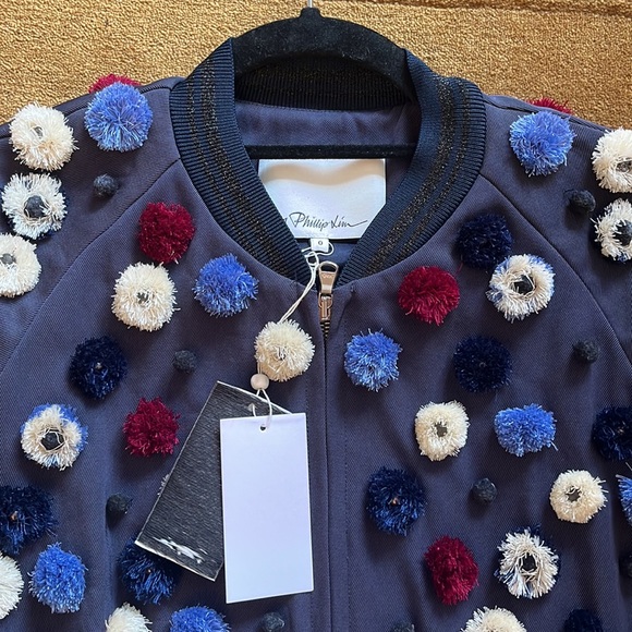 NWT 3.1 Philip Lim souvenir bomber jacket, with dandelion embellishment, size 0 - Picture 2 of 7